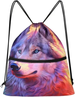 JooMeryer Mens Drawstring Backpack Cool Wolf Printed Foldable String Bag Sackpack Gymsack for Gym Sport,Pink Purple Wolf