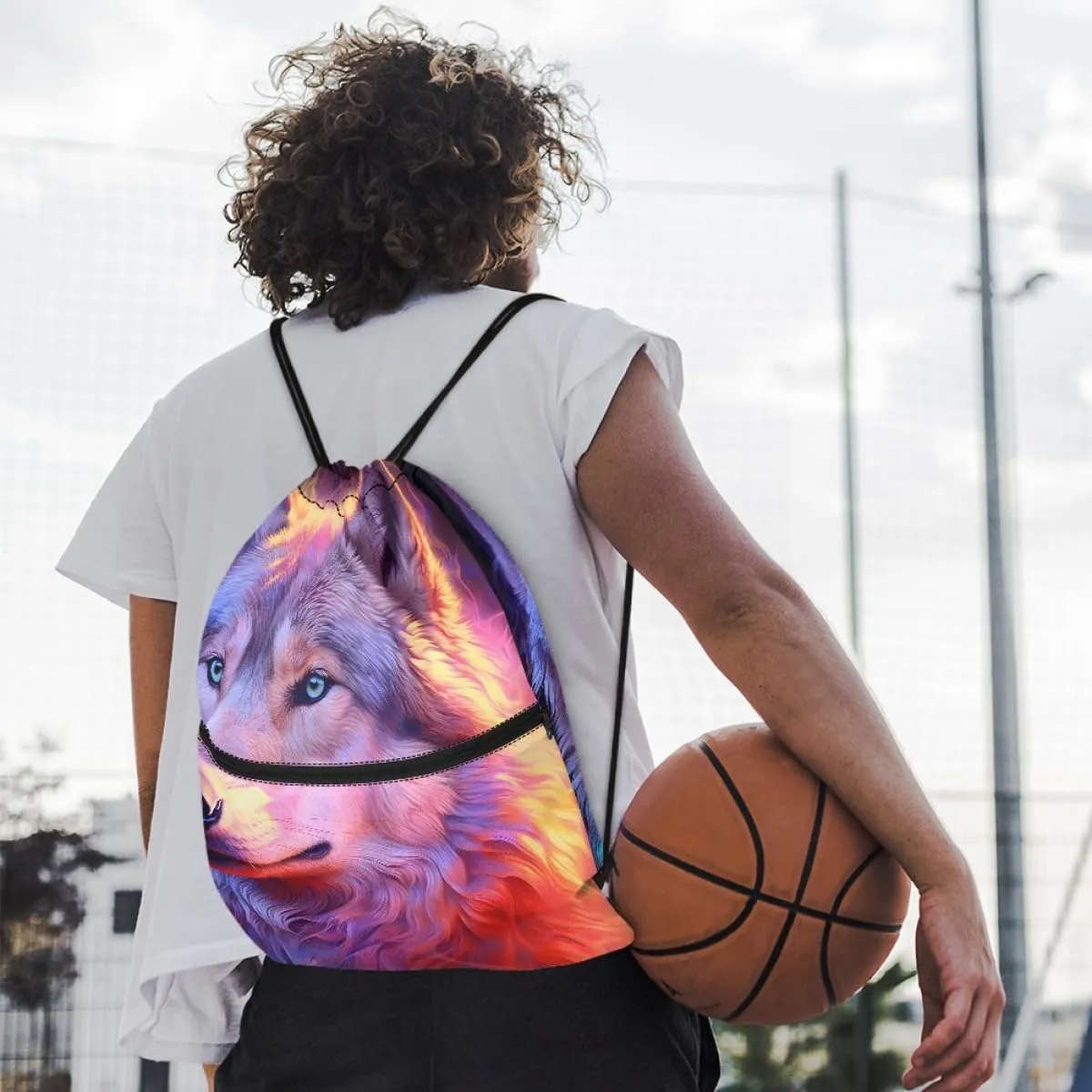 JooMeryer Mens Drawstring Backpack Cool Wolf Printed Foldable String Bag Sackpack Gymsack for Gym Sport,Pink Purple Wolf