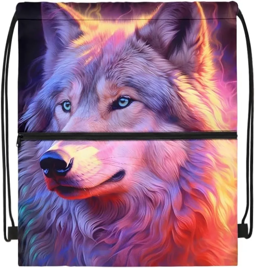 JooMeryer Mens Drawstring Backpack Cool Wolf Printed Foldable String Bag Sackpack Gymsack for Gym Sport,Pink Purple Wolf