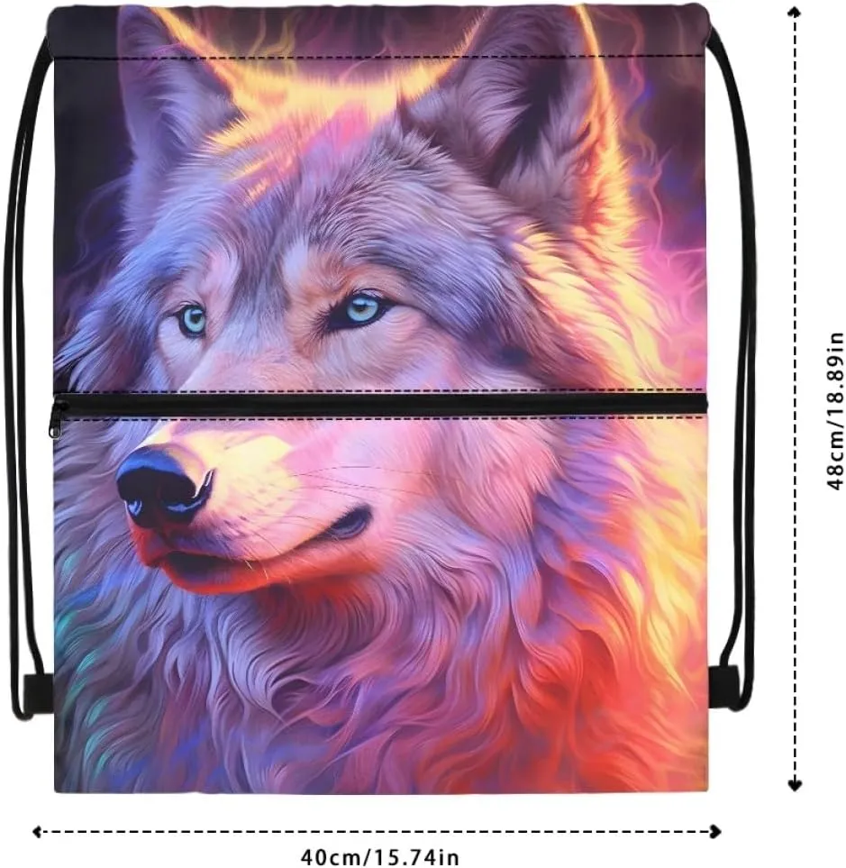 JooMeryer Mens Drawstring Backpack Cool Wolf Printed Foldable String Bag Sackpack Gymsack for Gym Sport,Pink Purple Wolf