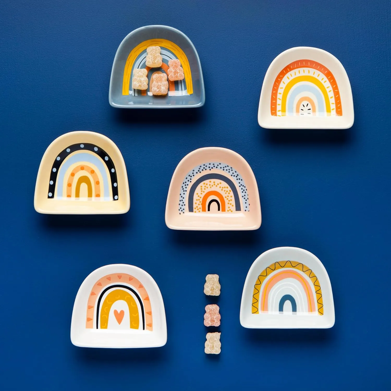 Jubilee Rainbows Stoneware Shaped Pinch Bowl Set, Mini Bowls for Dipping and Seasoning-Soy Sauce Dish, Set of 6, 2 oz