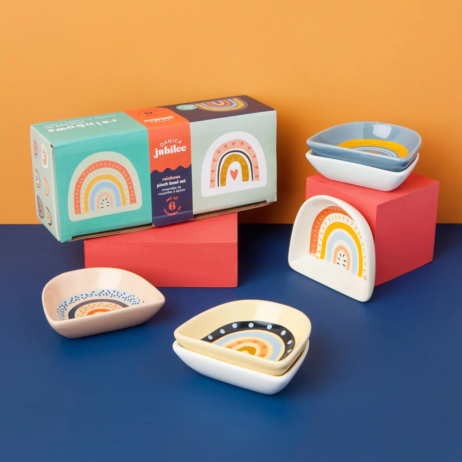 Jubilee Rainbows Stoneware Shaped Pinch Bowl Set, Mini Bowls for Dipping and Seasoning-Soy Sauce Dish, Set of 6, 2 oz