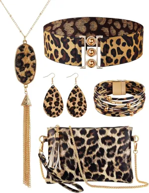 Junkin 6 Pcs Leopard Jewelry Gift Set for Women Boho Leopard Bracelet Necklace Earrings Clutch Purse Belt for Party Cosplay(Leopard,Yellow, Black)
