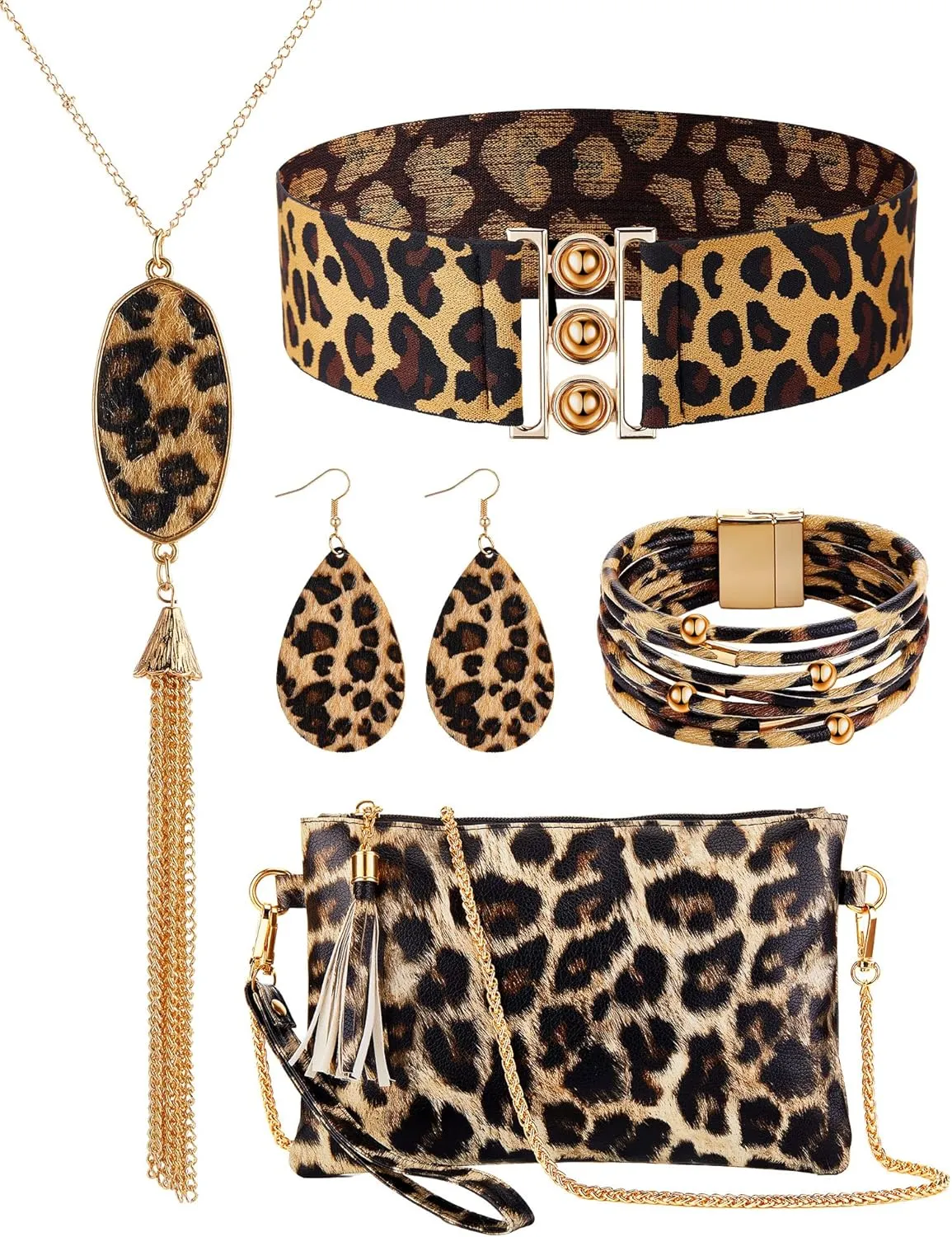 Junkin 6 Pcs Leopard Jewelry Gift Set for Women Boho Leopard Bracelet Necklace Earrings Clutch Purse Belt for Party Cosplay(Leopard,Yellow, Black)