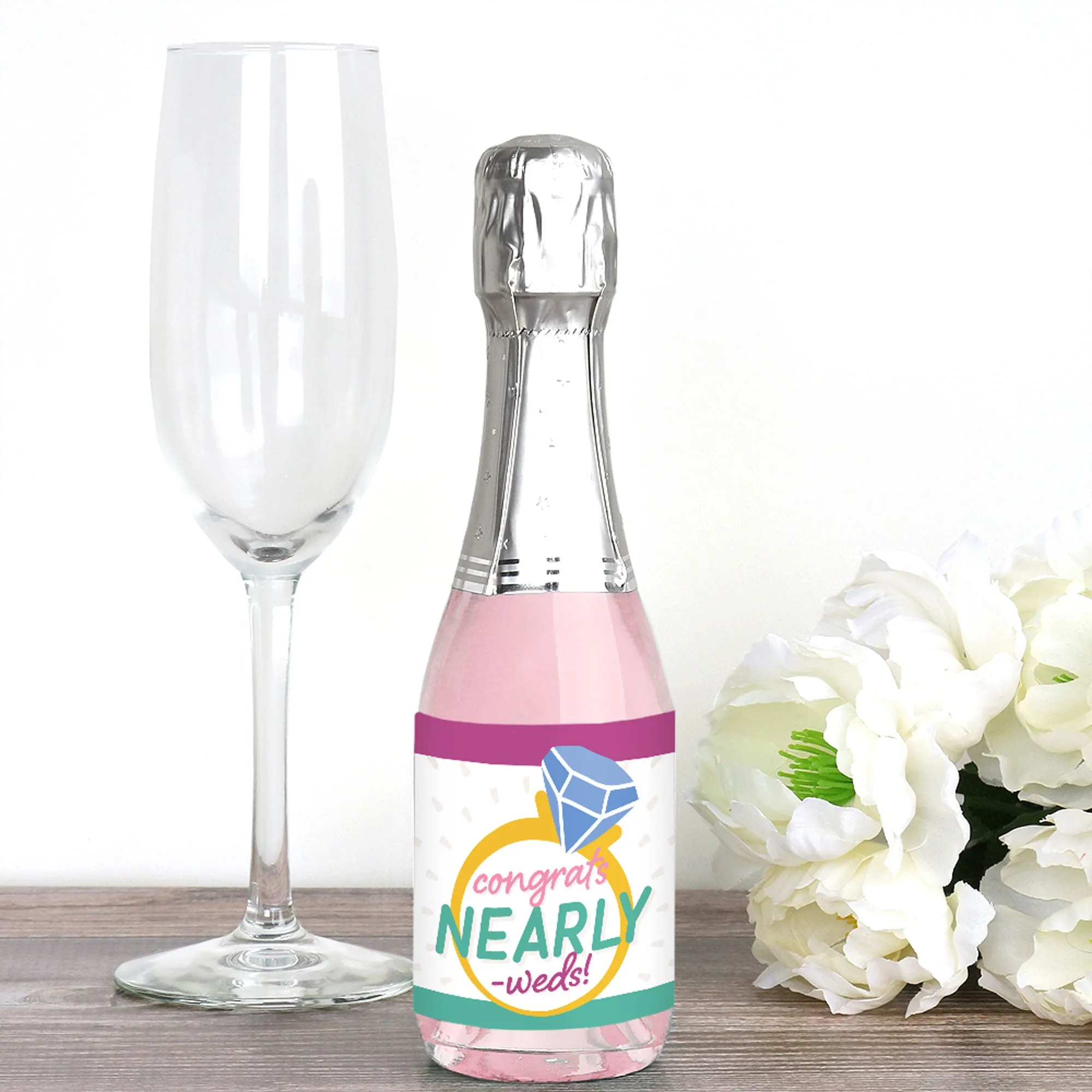 Just Engaged - Colorful - Mini Wine and Champagne Bottle Label Stickers - Engagement Party Favor Gift for Women and Men - Set of 16
