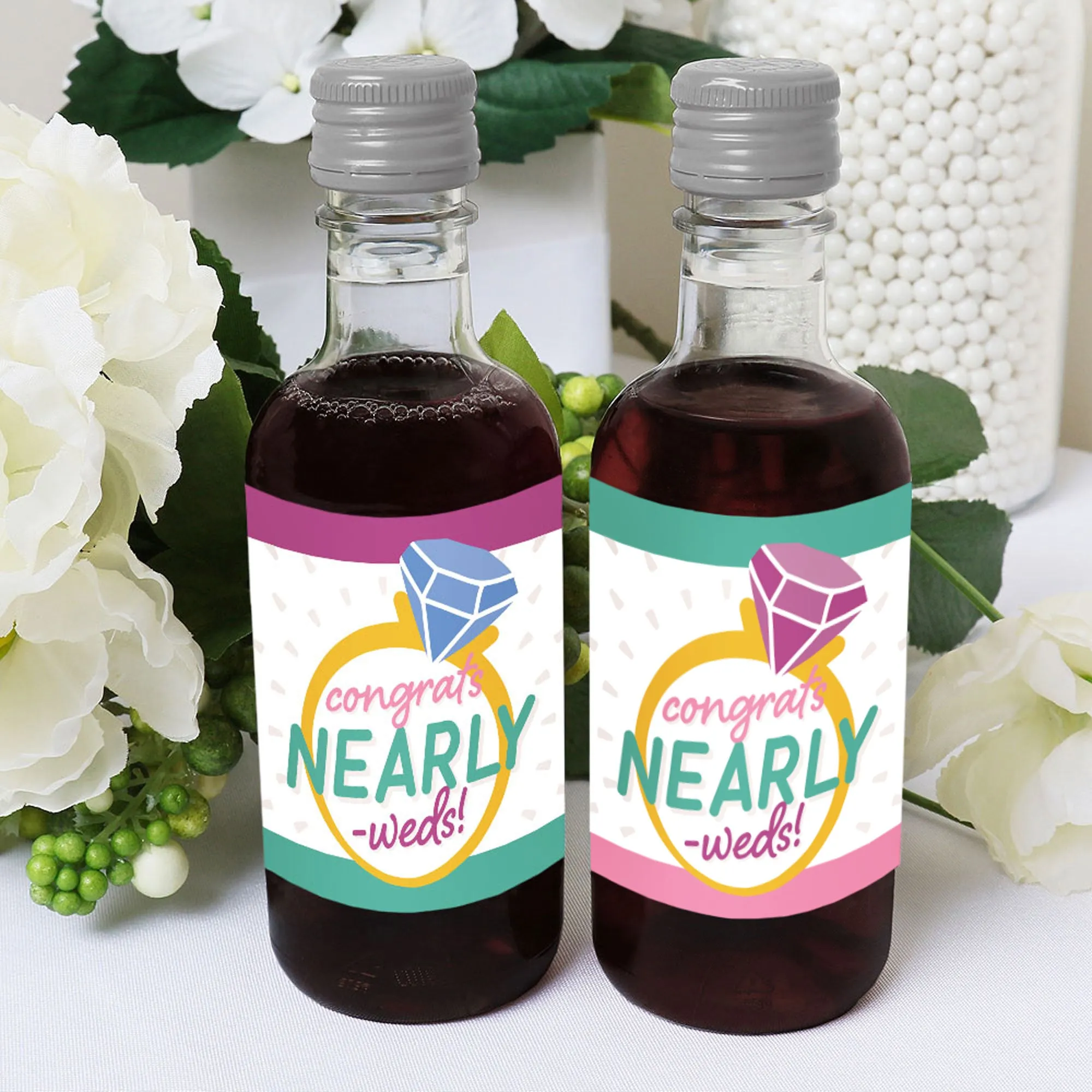 Just Engaged - Colorful - Mini Wine and Champagne Bottle Label Stickers - Engagement Party Favor Gift for Women and Men - Set of 16