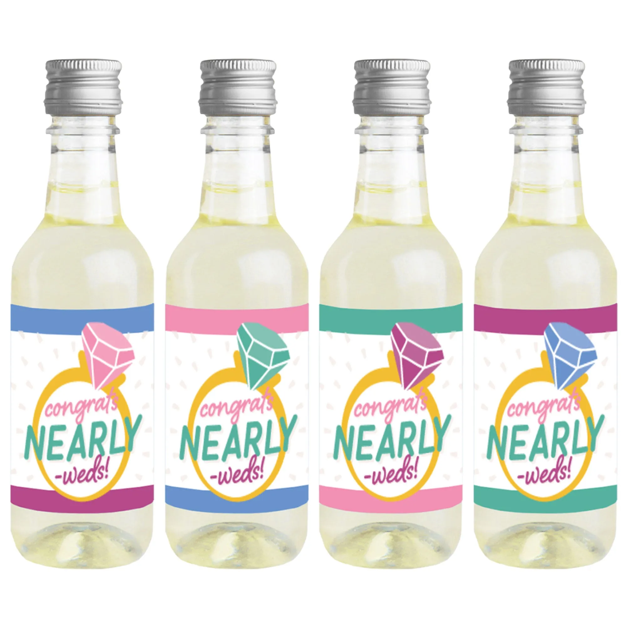 Just Engaged - Colorful - Mini Wine and Champagne Bottle Label Stickers - Engagement Party Favor Gift for Women and Men - Set of 16