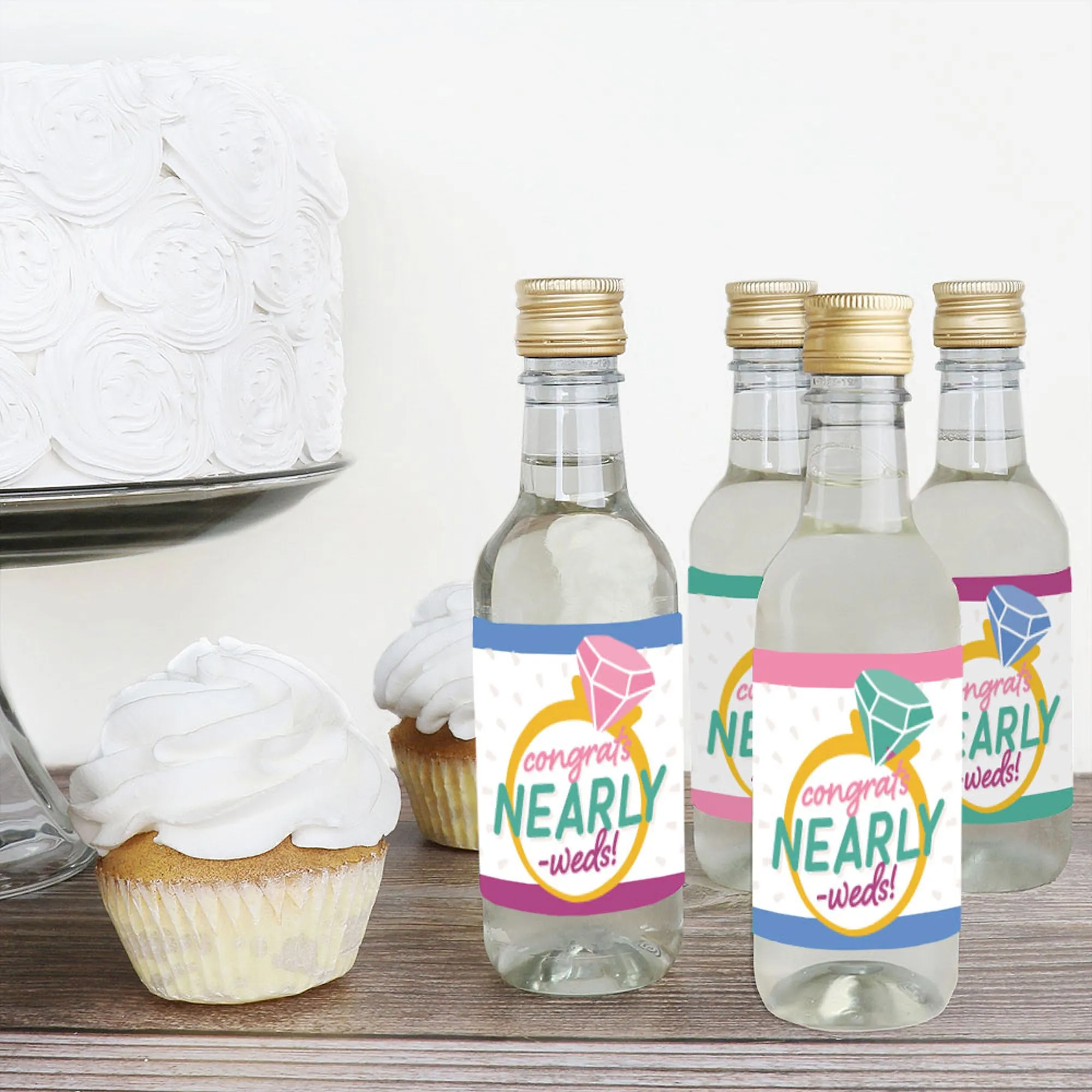 Just Engaged - Colorful - Mini Wine and Champagne Bottle Label Stickers - Engagement Party Favor Gift for Women and Men - Set of 16