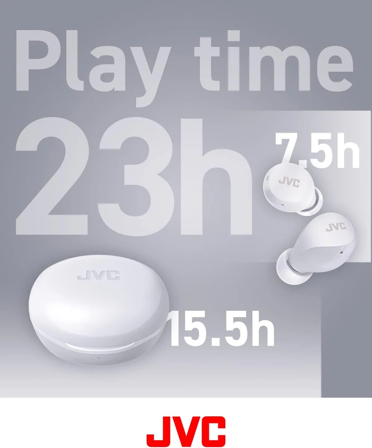 JVC Compact and Lightweight Gumy Mini True Wireless Earbuds Headphones, Long Battery Life (up to 23 Hours), Sound with Neodymium Magnet Driver, Water Resistance (IPX4) - HAA6TW (White)