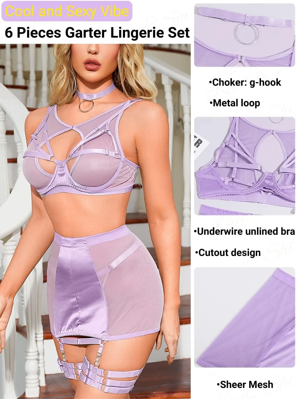 Kaei&Shi Garter Lingerie for Women, Strappy High Waisted Skirt G String 4 Piece Sexy Exotic Lingerie Outfits Set Boudoir