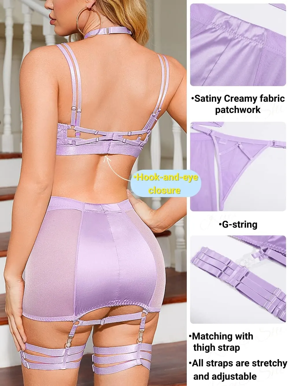 Kaei&Shi Garter Lingerie for Women, Strappy High Waisted Skirt G String 4 Piece Sexy Exotic Lingerie Outfits Set Boudoir