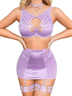 Kaei&Shi Garter Lingerie for Women, Strappy High Waisted Skirt G String 4 Piece Sexy Exotic Lingerie Outfits Set Boudoir
