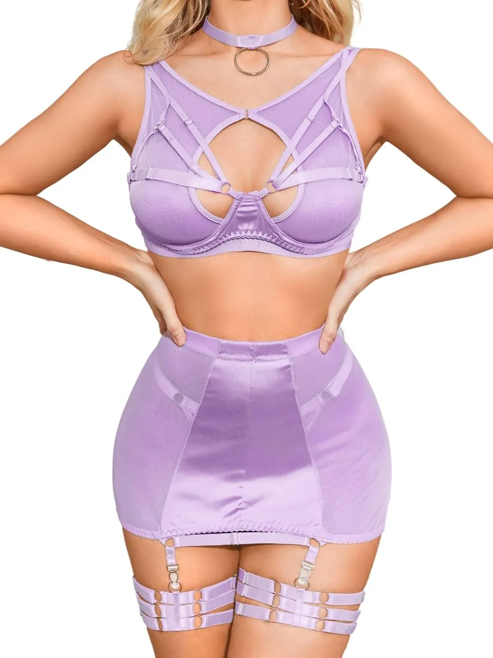 Kaei&Shi Garter Lingerie for Women, Strappy High Waisted Skirt G String 4 Piece Sexy Exotic Lingerie Outfits Set Boudoir