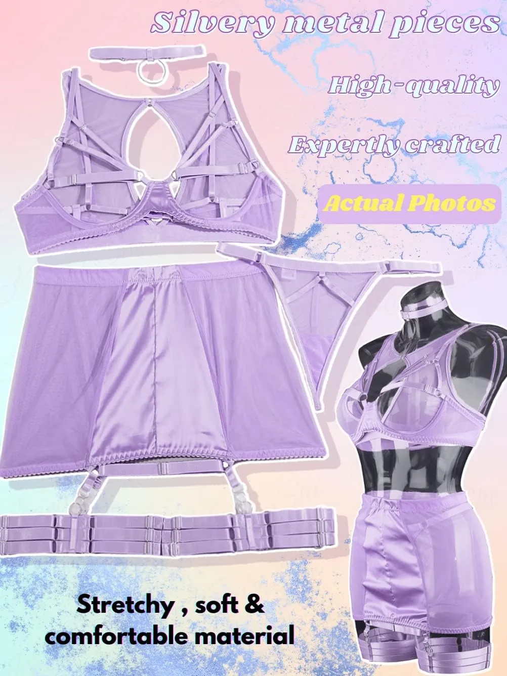 Kaei&Shi Garter Lingerie for Women, Strappy High Waisted Skirt G String 4 Piece Sexy Exotic Lingerie Outfits Set Boudoir