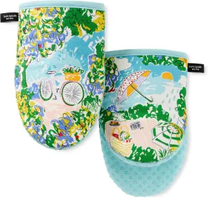 Kate Spade New York Spring Garden Mini Oven Mitt 2-Pack Set, Heat Resistant, 100% Cotton with Printed Non-Slip Silicone Grip, Blue/Green/Beige, 5.5"X8"