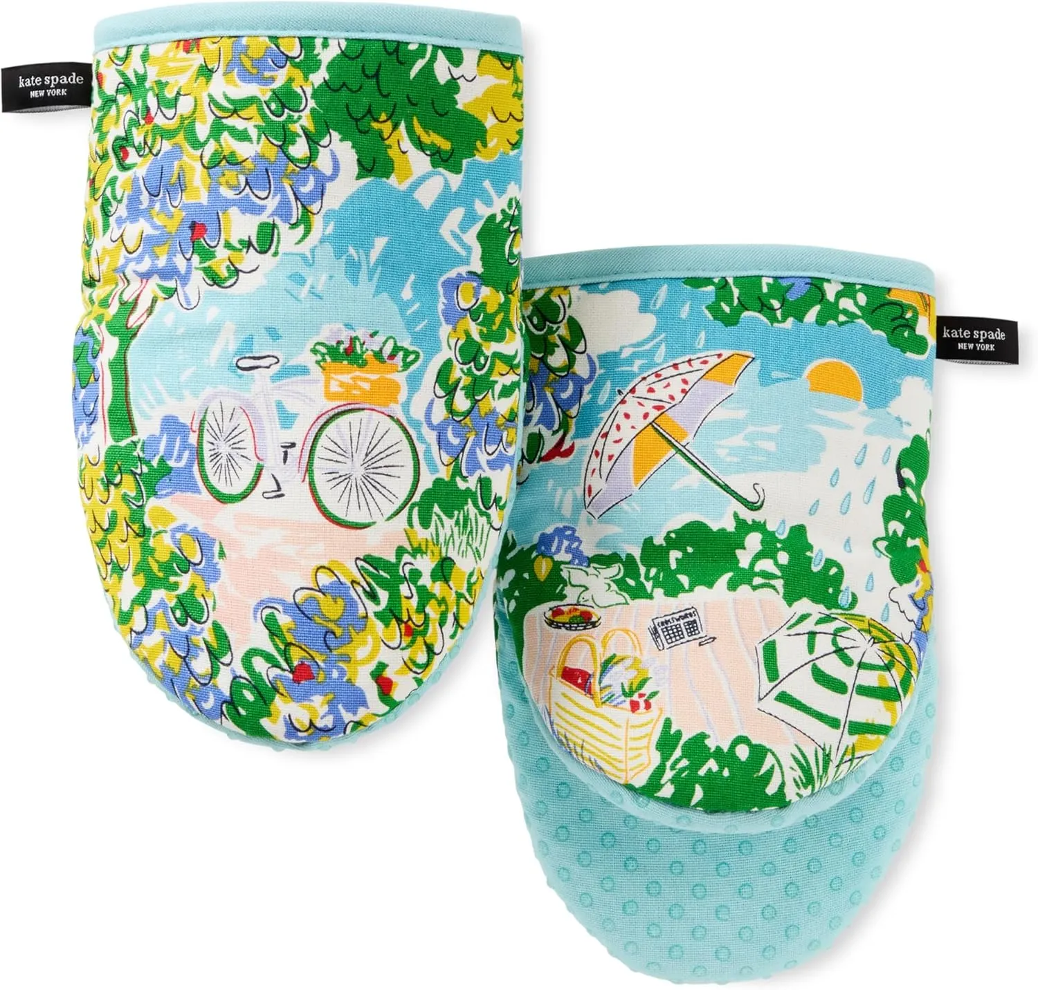 Kate Spade New York Spring Garden Mini Oven Mitt 2-Pack Set, Heat Resistant, 100% Cotton with Printed Non-Slip Silicone Grip, Blue/Green/Beige, 5.5"X8"
