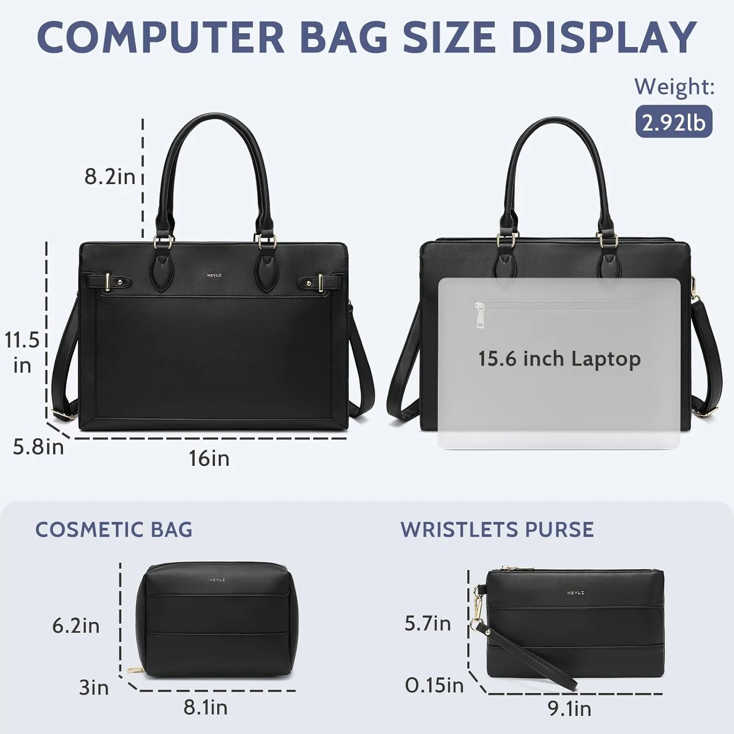 Keyli 3pc Laptop Tote Bag for Women 15.6 Inch Work Bag Business Computer Briefcase Waterproof Leather Messenger Bags Purses