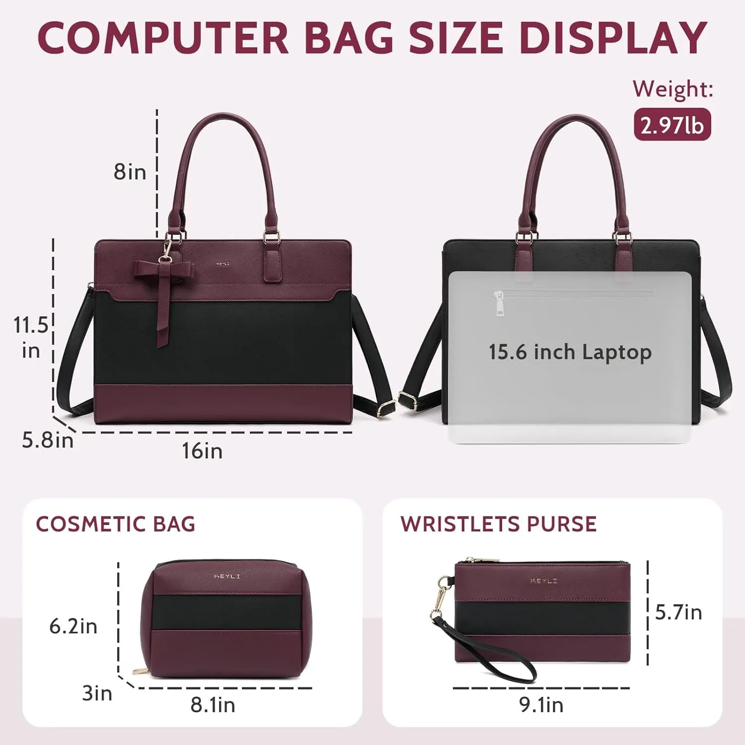 Keyli 3pc Sets Laptop Bag Work Bags for Women,15.6 Inch Leather Tote Bag Professional Computer Briefcase Office Shoulder Bag