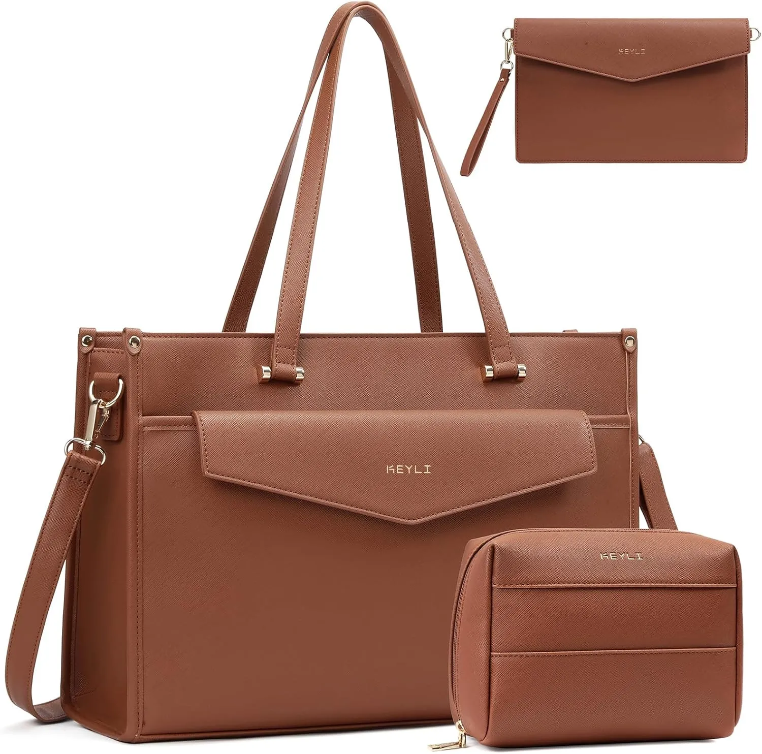 Keyli 3pcs Laptop Bag for Women 15.6 Inch Leather Work Tote Bags Professional Business Office Computer Shoulder Briefcase