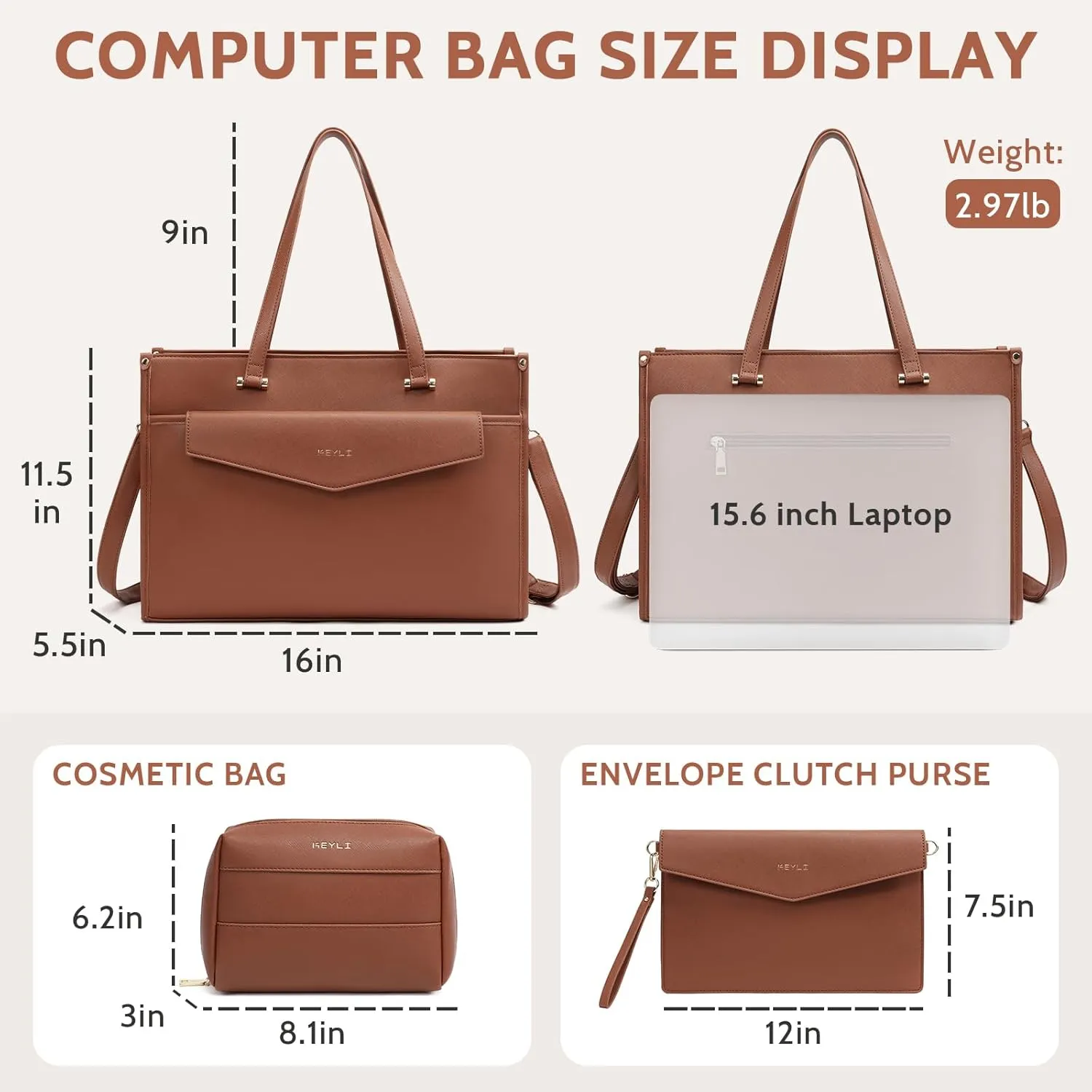 Keyli 3pcs Laptop Bag for Women 15.6 Inch Leather Work Tote Bags Professional Business Office Computer Shoulder Briefcase