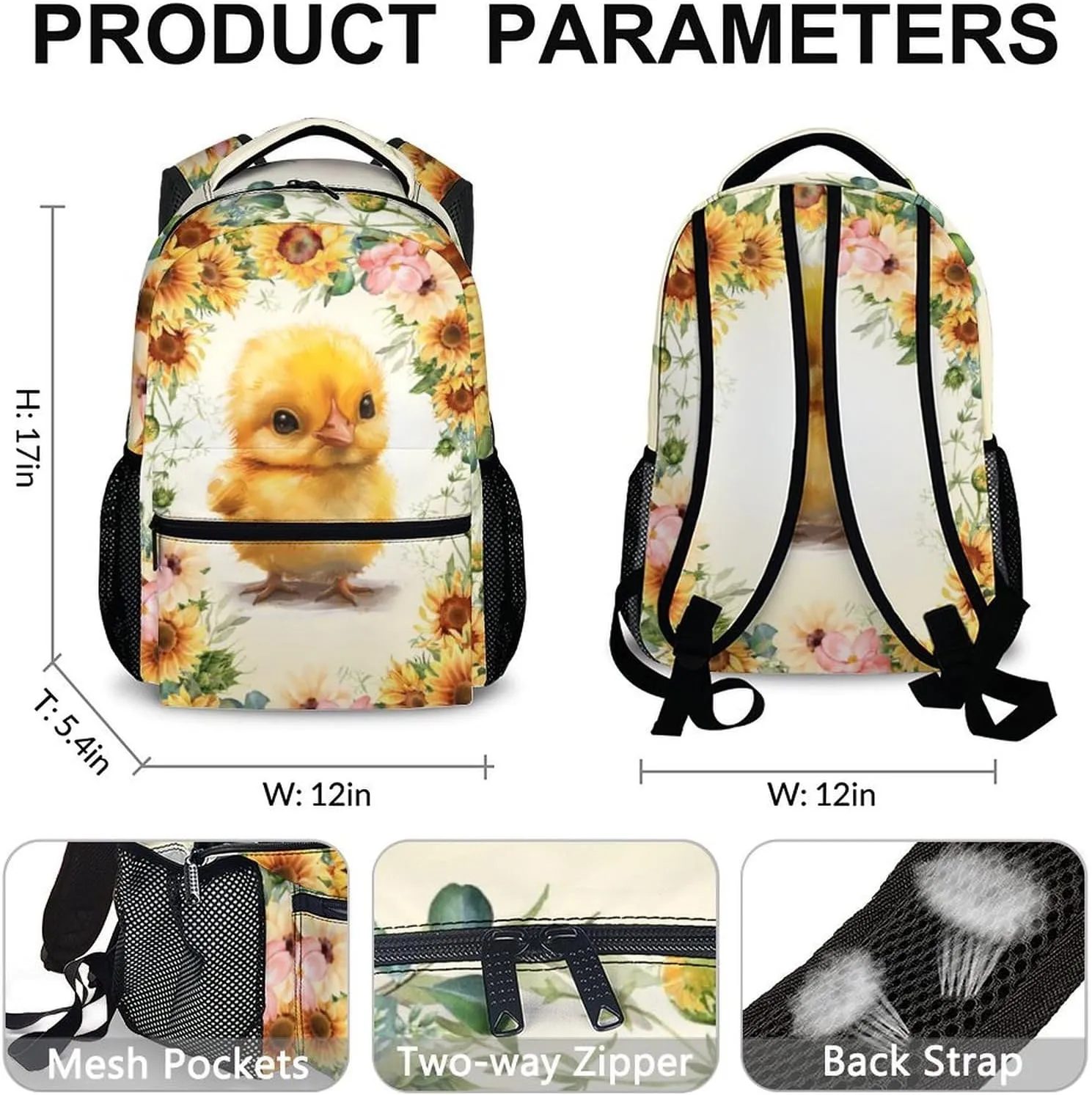 Kids Backpack, Cute Chick Bookbag, Gift for Kids, 17 Inch Student Yellow Backpacks for Preschool Elementary Kindergarten Travel Camping