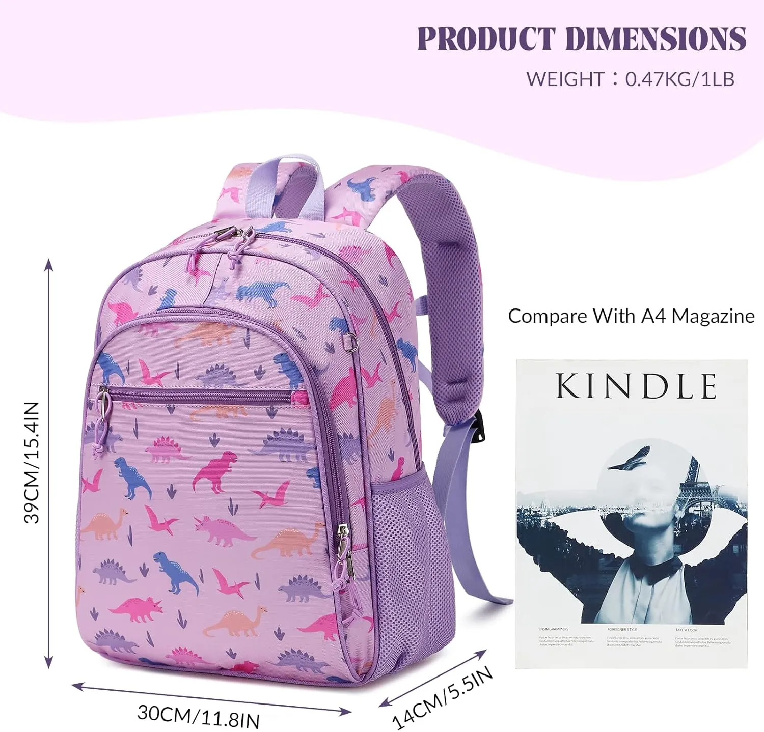 Kids backpacks Girls, Cute Lightweight Water Resistant Toddler Kindergarten Elementary School Backpack with Chest Strap Pink Dinosaurs Purple