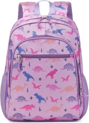 Kids backpacks Girls, Cute Lightweight Water Resistant Toddler Kindergarten Elementary School Backpack with Chest Strap Pink Dinosaurs Purple