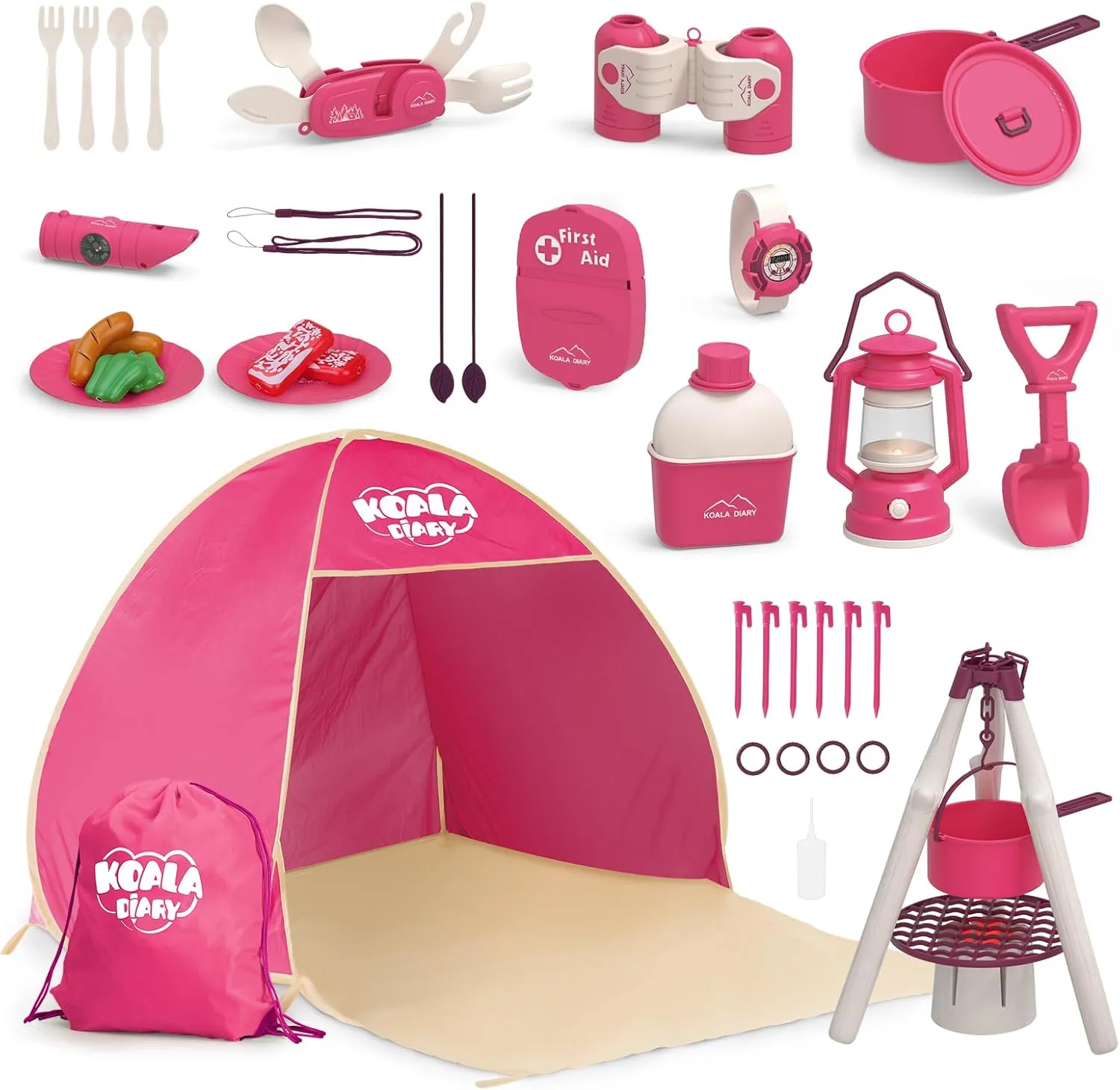 Kids Camping Set – an Indoor/Outdoor Pretend Play Adventure kit Featuring a Tent, Oil lamp, Stove, and More. Perfect for Ages 3  (Pink)