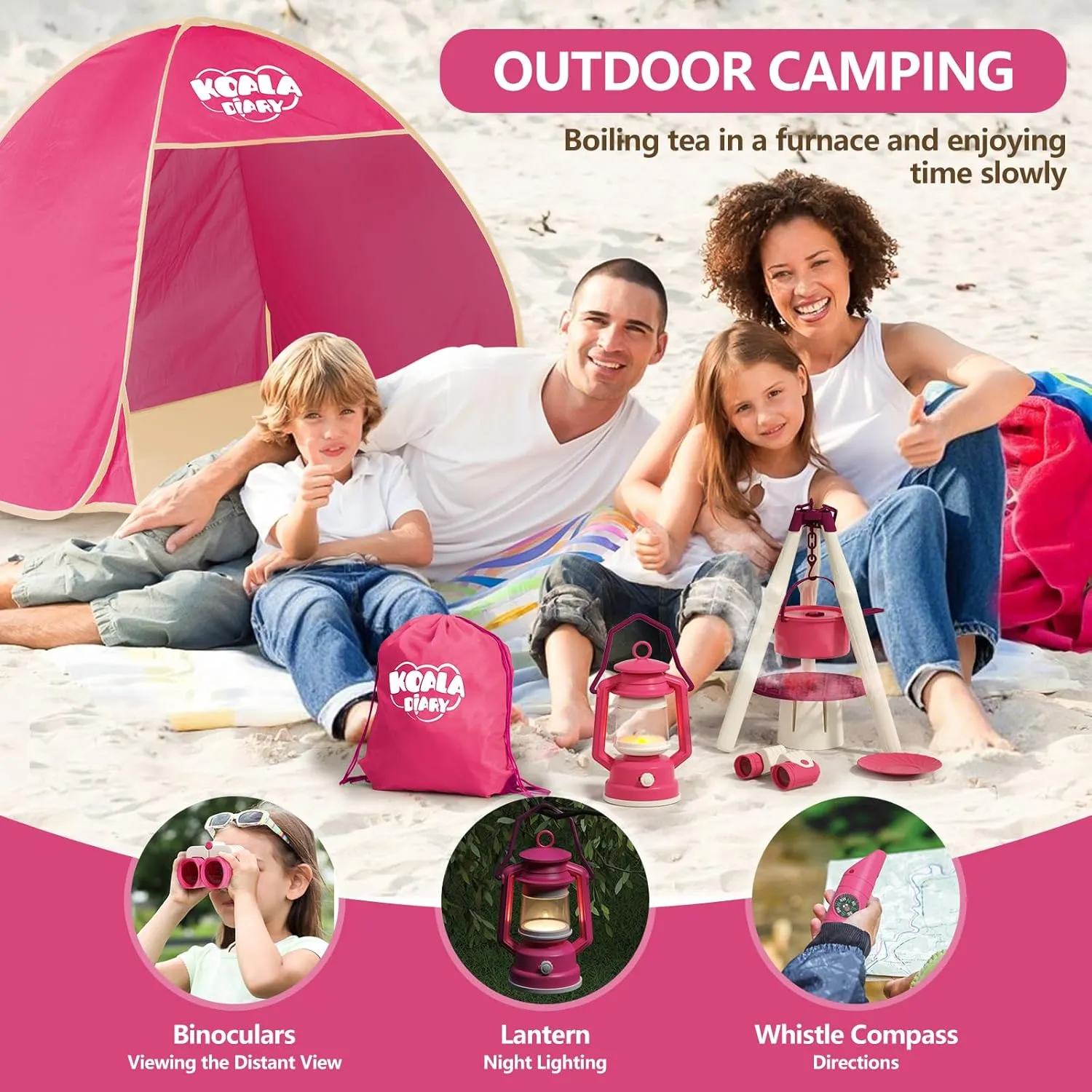 Kids Camping Set – an Indoor/Outdoor Pretend Play Adventure kit Featuring a Tent, Oil lamp, Stove, and More. Perfect for Ages 3  (Pink)