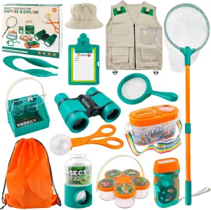 Kids Explorer Kit & Bug Catcher Kit, 14 Pcs Outdoor Exploration Toys Bug Catching Kits for Kids Camping, Adventure,Hunting, Hiking with Safari Vest, Binoculars, Butterfly Net, Magnifying Glass