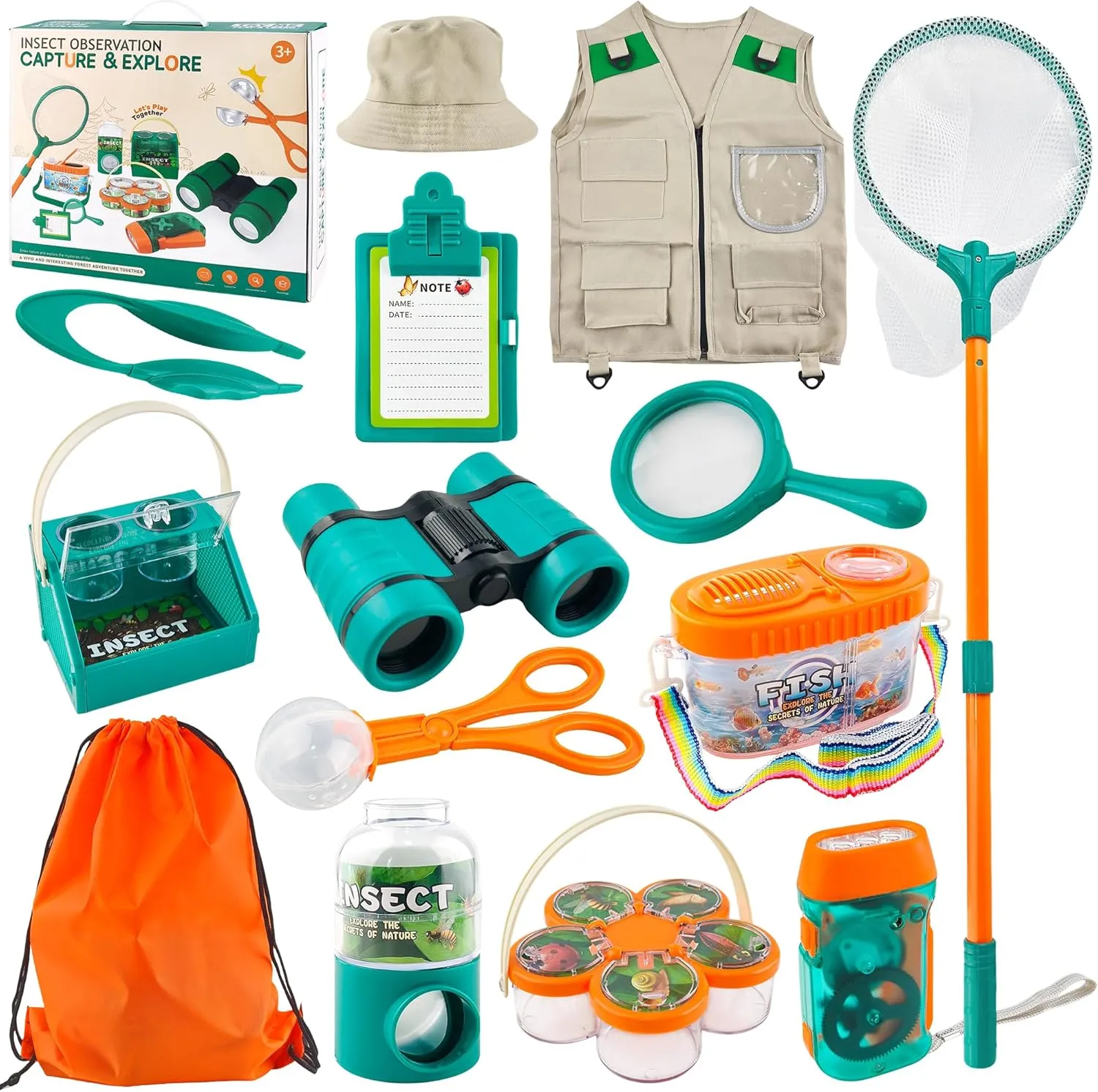 Kids Explorer Kit & Bug Catcher Kit, 14 Pcs Outdoor Exploration Toys Bug Catching Kits for Kids Camping, Adventure,Hunting, Hiking with Safari Vest, Binoculars, Butterfly Net, Magnifying Glass
