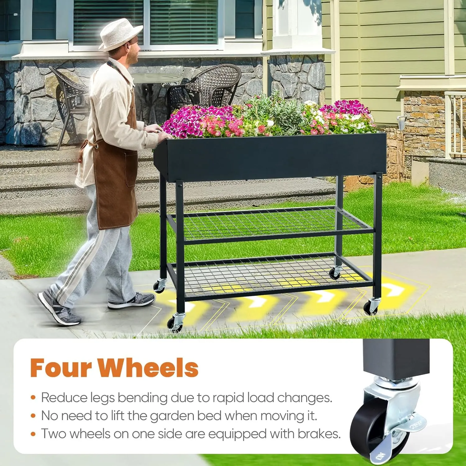 KING BIRD Raised Garden Bed with Legs & Double-Layer Storage Shelf, Galvanized Elevated Planter Box with Lockable Wheels for Backyard, Patio, Balcony, Black, 48x24x38 in