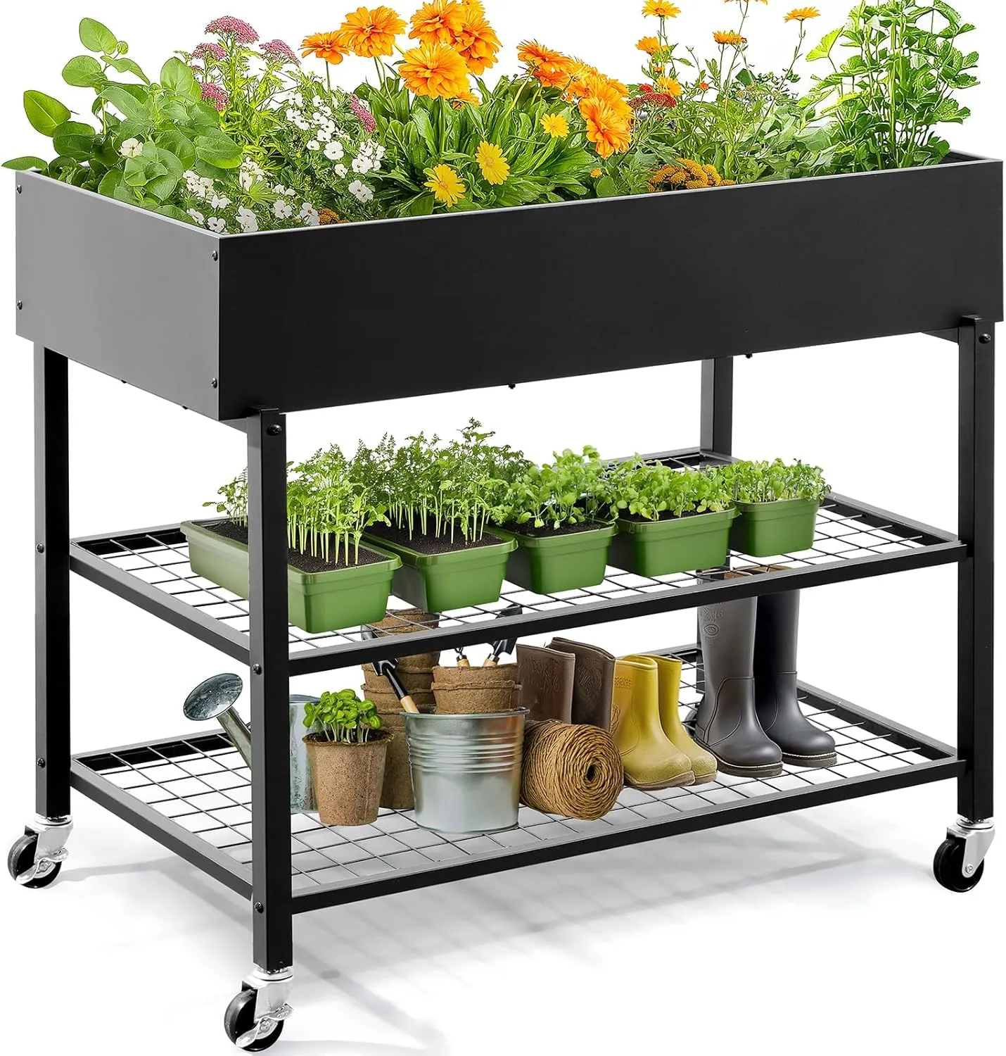 KING BIRD Raised Garden Bed with Legs & Double-Layer Storage Shelf, Galvanized Elevated Planter Box with Lockable Wheels for Backyard, Patio, Balcony, Black, 48x24x38 in