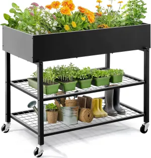 KING BIRD Raised Garden Bed with Legs & Double-Layer Storage Shelf, Galvanized Elevated Planter Box with Lockable Wheels for Backyard, Patio, Balcony, Black, 48x24x38 in