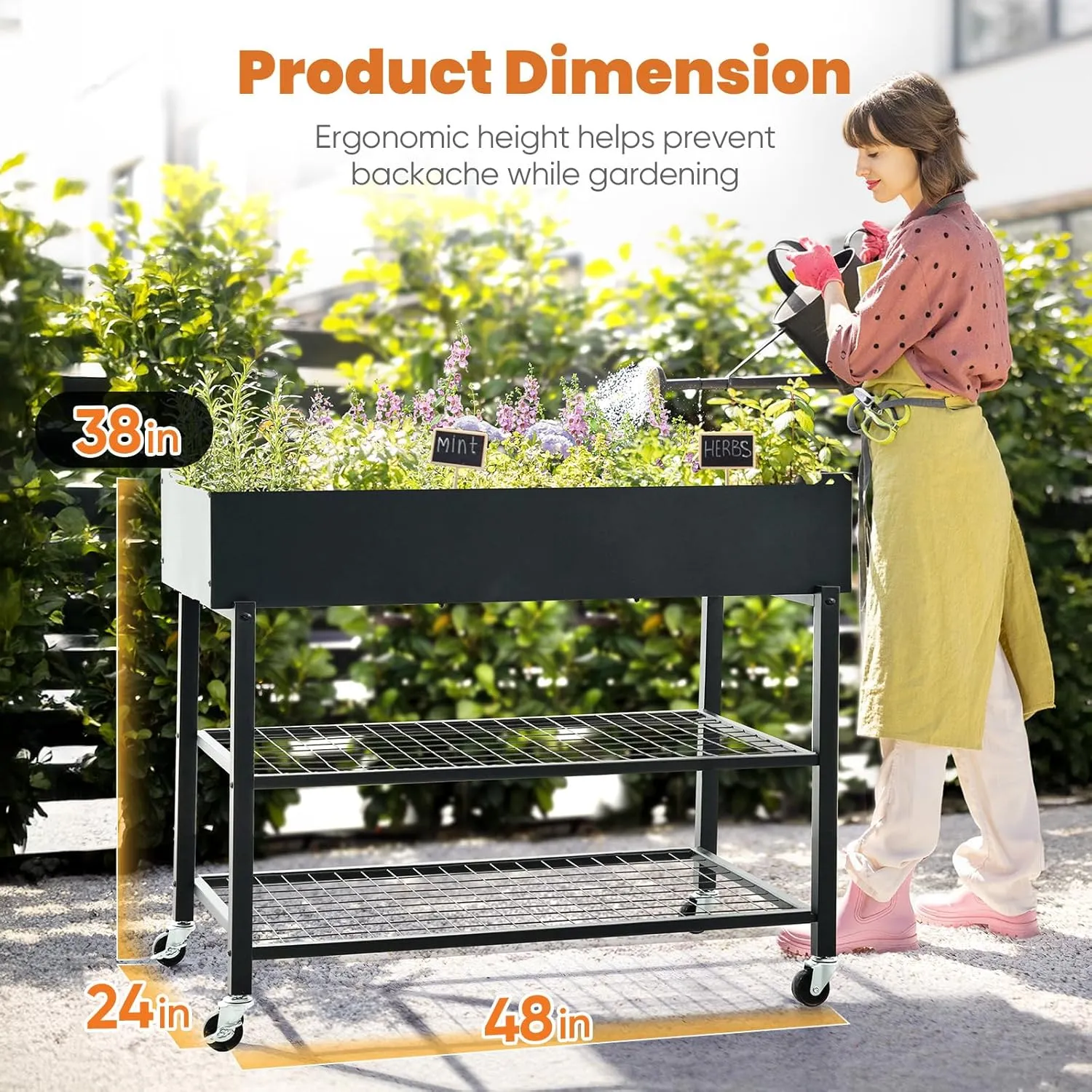 KING BIRD Raised Garden Bed with Legs & Double-Layer Storage Shelf, Galvanized Elevated Planter Box with Lockable Wheels for Backyard, Patio, Balcony, Black, 48x24x38 in