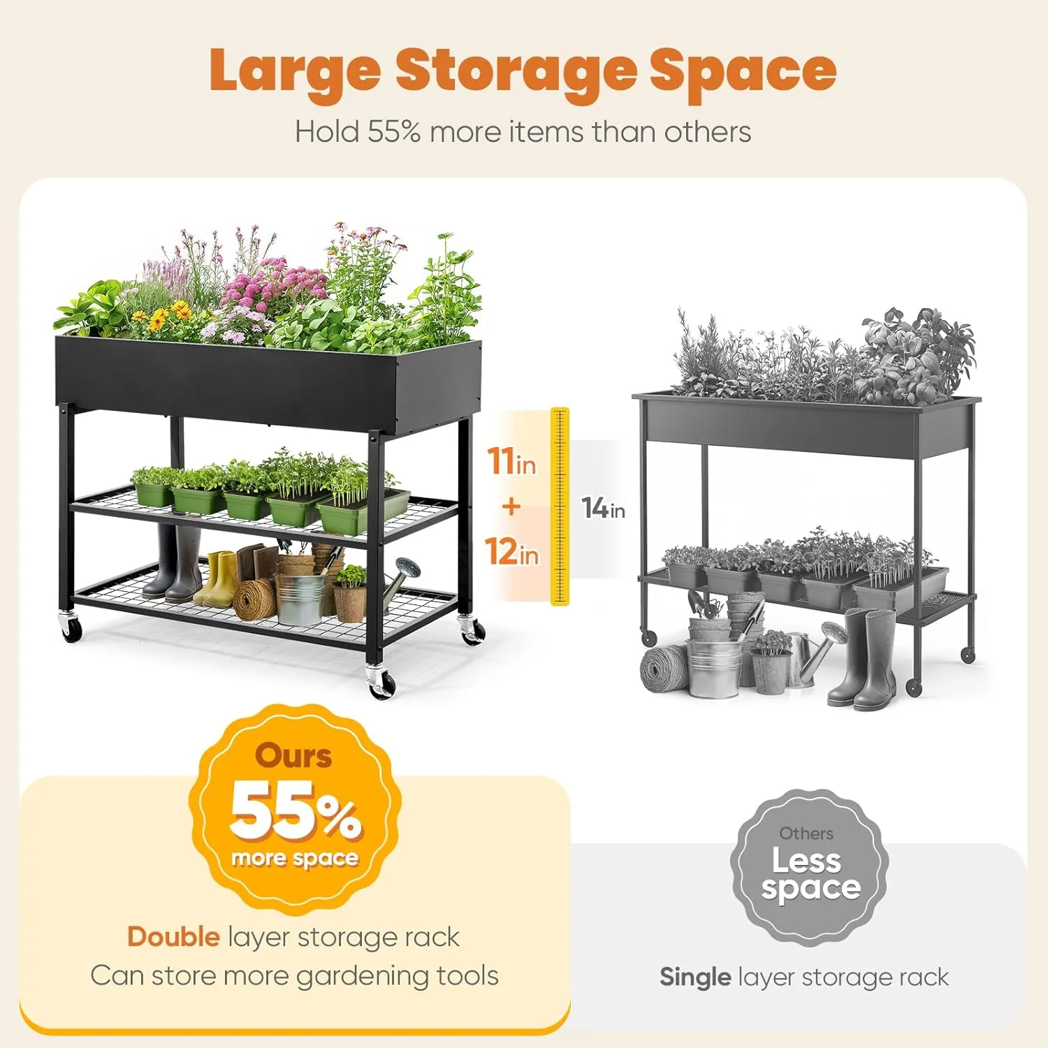 KING BIRD Raised Garden Bed with Legs & Double-Layer Storage Shelf, Galvanized Elevated Planter Box with Lockable Wheels for Backyard, Patio, Balcony, Black, 48x24x38 in