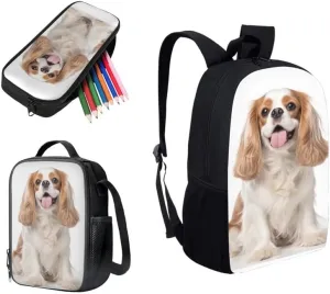 King Charles Spaniel Kids Hand Drawing School Backpacks for Boys Elementary Cute Dog Pattern Back Pack Bookbag with Lunch Bag Small Pencil Case for Teens Students Girls