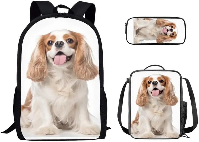 King Charles Spaniel Kids Hand Drawing School Backpacks for Boys Elementary Cute Dog Pattern Back Pack Bookbag with Lunch Bag Small Pencil Case for Teens Students Girls