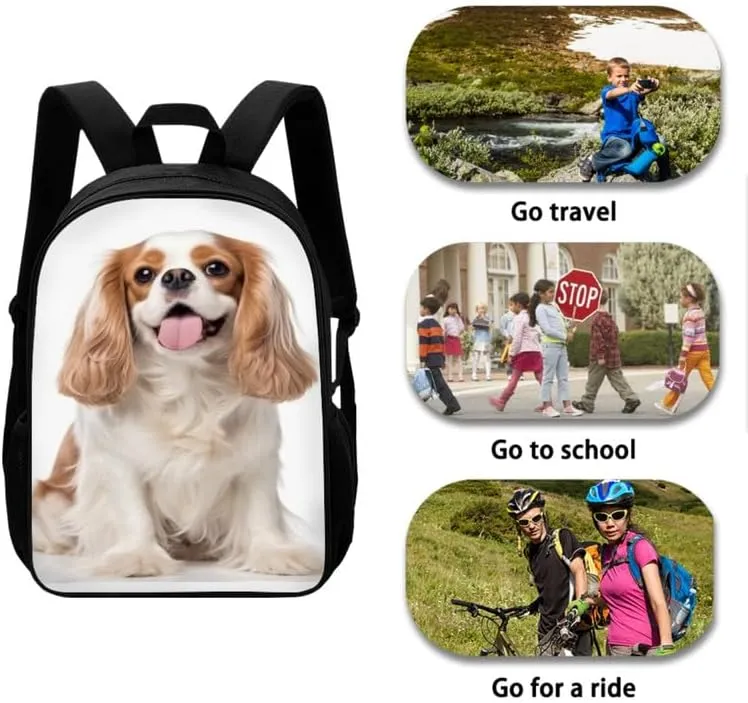 King Charles Spaniel Kids Hand Drawing School Backpacks for Boys Elementary Cute Dog Pattern Back Pack Bookbag with Lunch Bag Small Pencil Case for Teens Students Girls