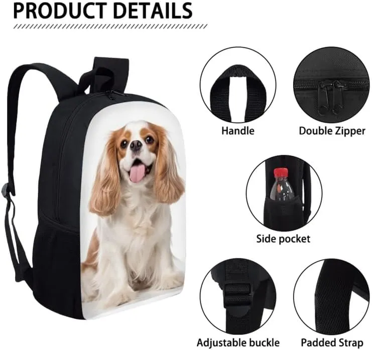 King Charles Spaniel Kids Hand Drawing School Backpacks for Boys Elementary Cute Dog Pattern Back Pack Bookbag with Lunch Bag Small Pencil Case for Teens Students Girls