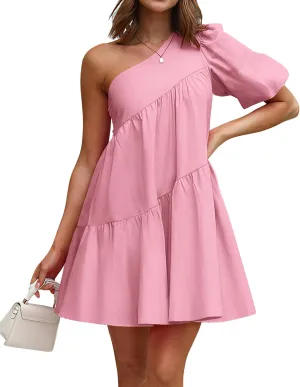 KIRUNDO Womens 2025 Summer Casual One Shoulder Mini Babydoll Dress Puff Sleeve Loose Tiered A Line Flowy Short Dresses