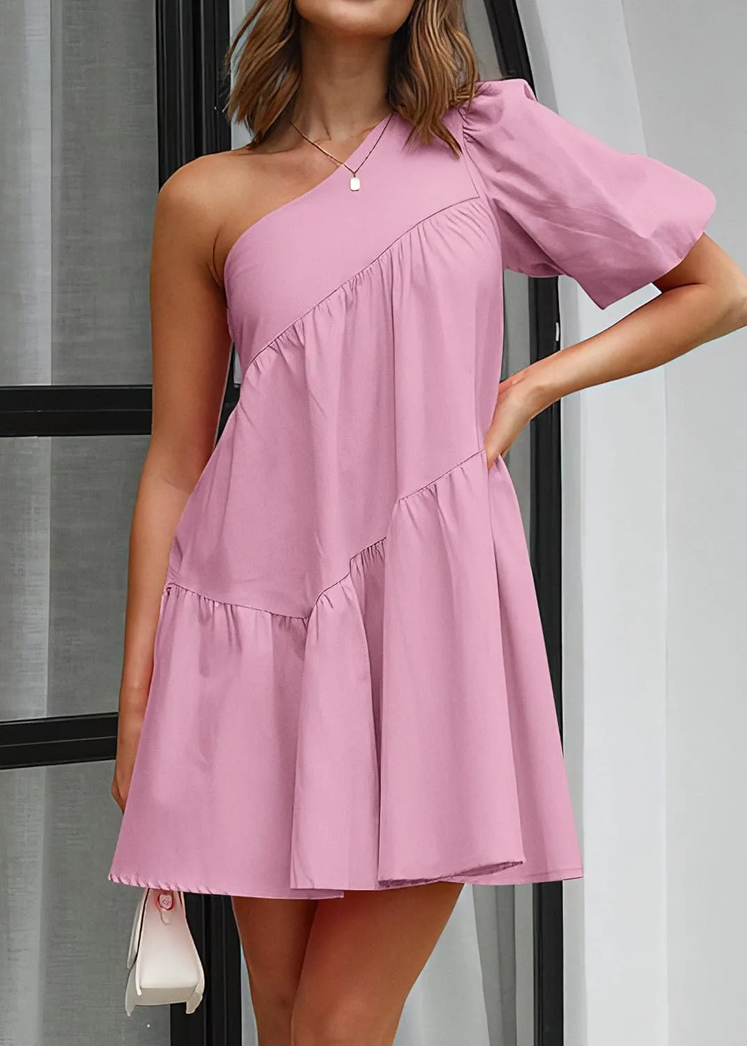 KIRUNDO Womens 2025 Summer Casual One Shoulder Mini Babydoll Dress Puff Sleeve Loose Tiered A Line Flowy Short Dresses