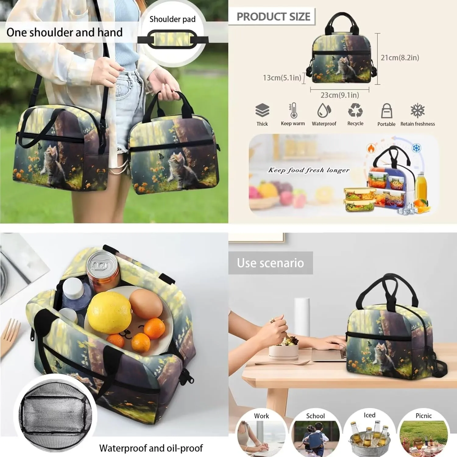 Kitten Toddler Girl Backpack and Lunch Box Set Butterfly Kids Small Backpack for 7-12 Year Old Girls with Lunch Bag Flower Backpacks for Teen Girls Kids Travel Bags Sets