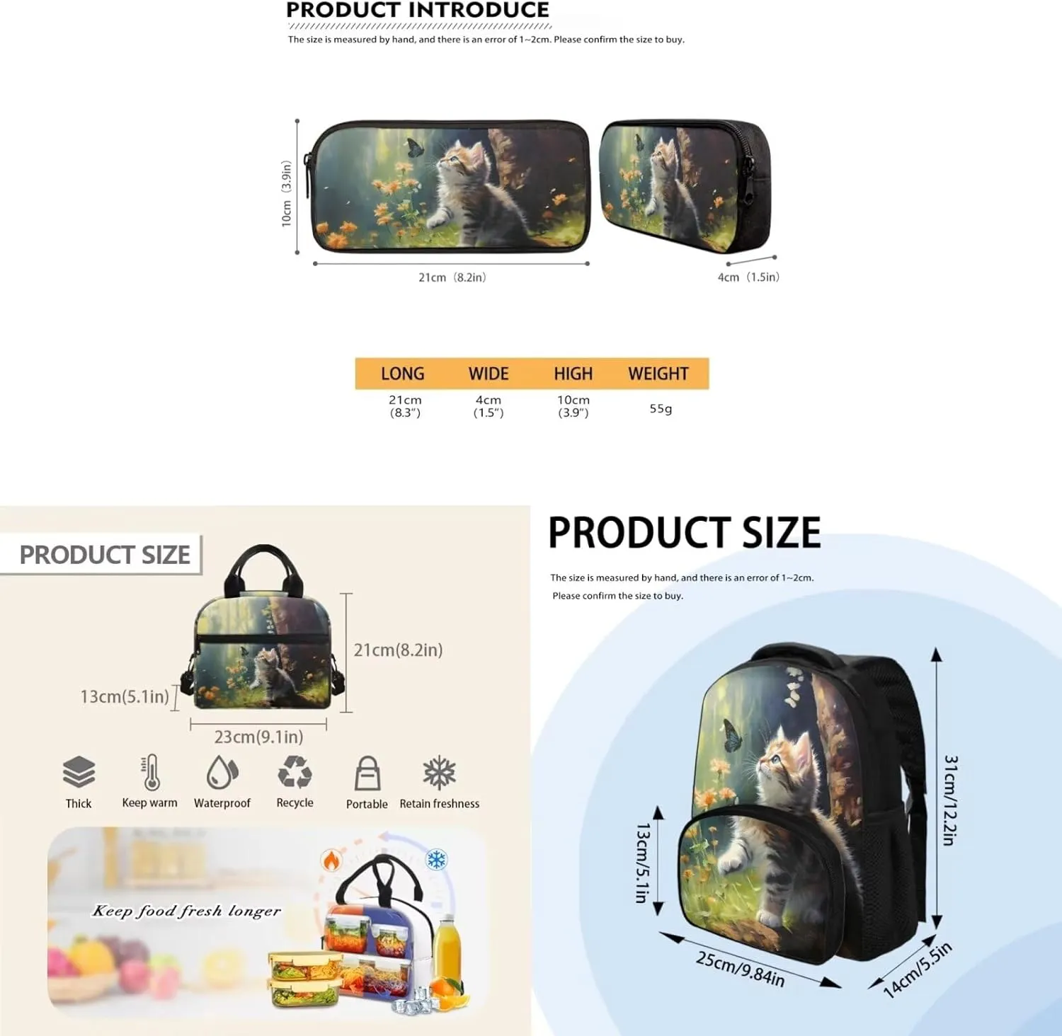 Kitten Toddler Girl Backpack and Lunch Box Set Butterfly Kids Small Backpack for 7-12 Year Old Girls with Lunch Bag Flower Backpacks for Teen Girls Kids Travel Bags Sets