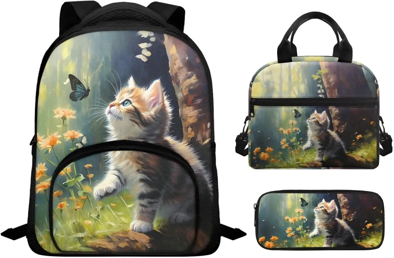 Kitten Toddler Girl Backpack and Lunch Box Set Butterfly Kids Small Backpack for 7-12 Year Old Girls with Lunch Bag Flower Backpacks for Teen Girls Kids Travel Bags Sets