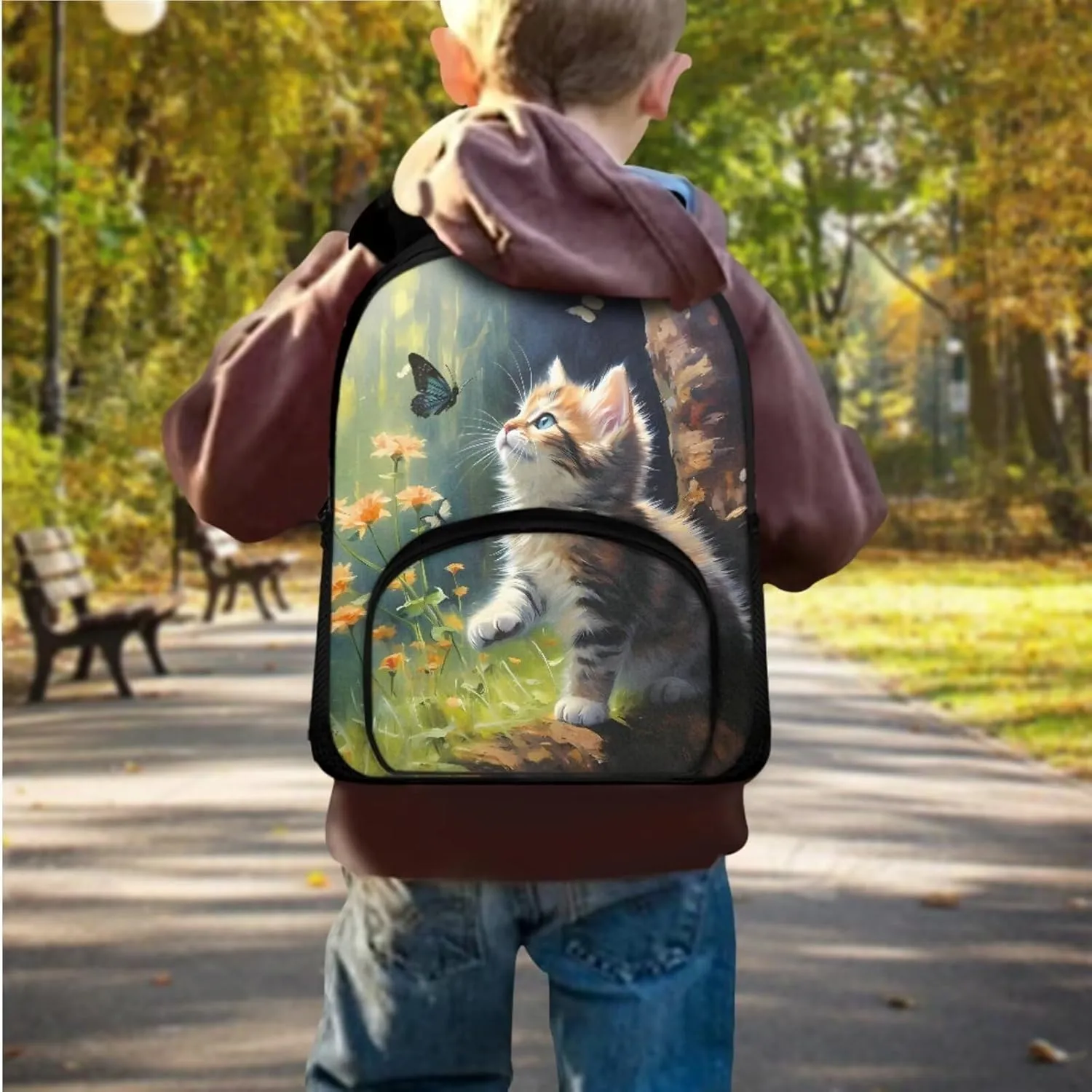 Kitten Toddler Girl Backpack and Lunch Box Set Butterfly Kids Small Backpack for 7-12 Year Old Girls with Lunch Bag Flower Backpacks for Teen Girls Kids Travel Bags Sets