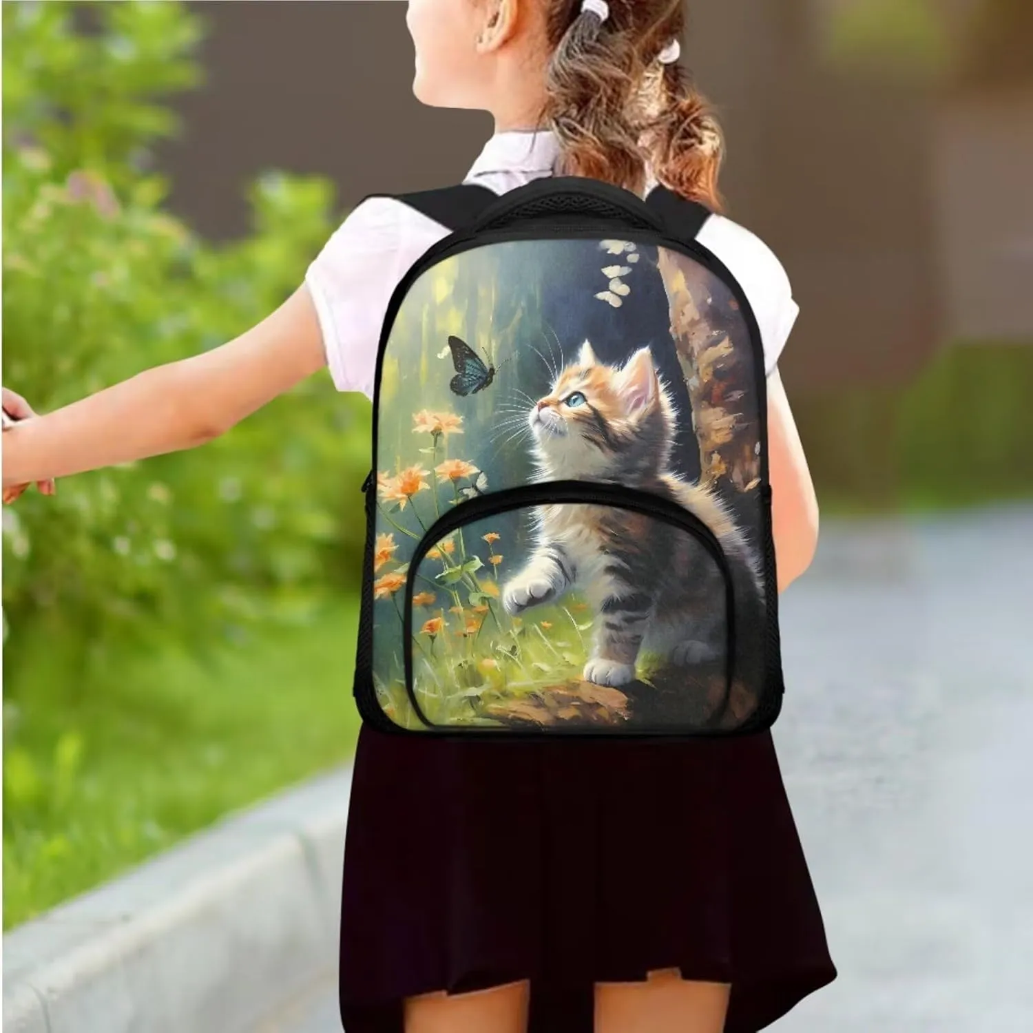 Kitten Toddler Girl Backpack and Lunch Box Set Butterfly Kids Small Backpack for 7-12 Year Old Girls with Lunch Bag Flower Backpacks for Teen Girls Kids Travel Bags Sets
