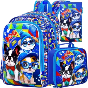 KLFVB 3PCS Boys Backpack, Water Resistant Kids Bookbag with Lunch Box, 16" Preschool Backpacks for Elementary - 3*dog Blue