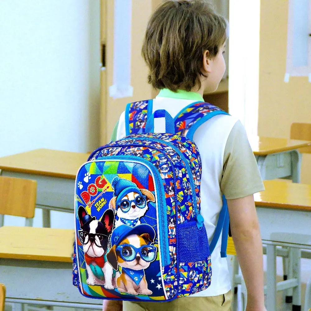 KLFVB 3PCS Boys Backpack, Water Resistant Kids Bookbag with Lunch Box, 16" Preschool Backpacks for Elementary - 3*dog Blue
