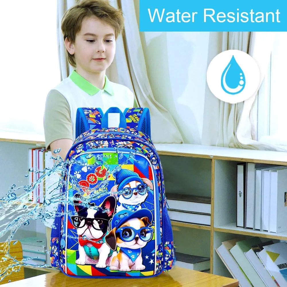 KLFVB 3PCS Boys Backpack, Water Resistant Kids Bookbag with Lunch Box, 16" Preschool Backpacks for Elementary - 3*dog Blue